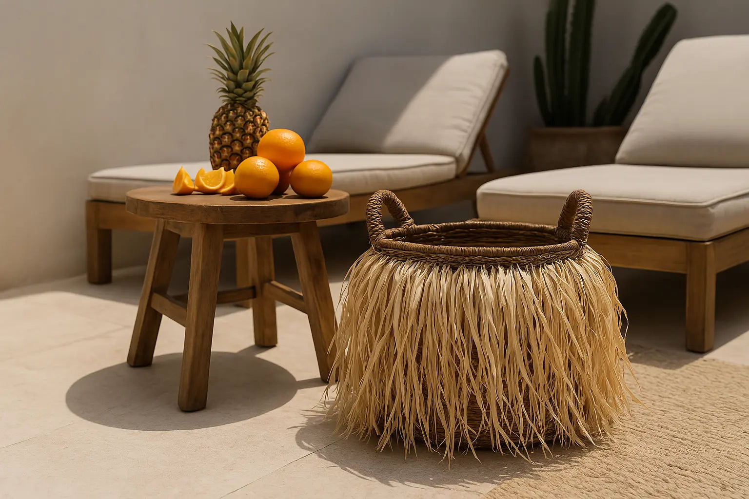 Panier en raphia sur une terrasse style bohème