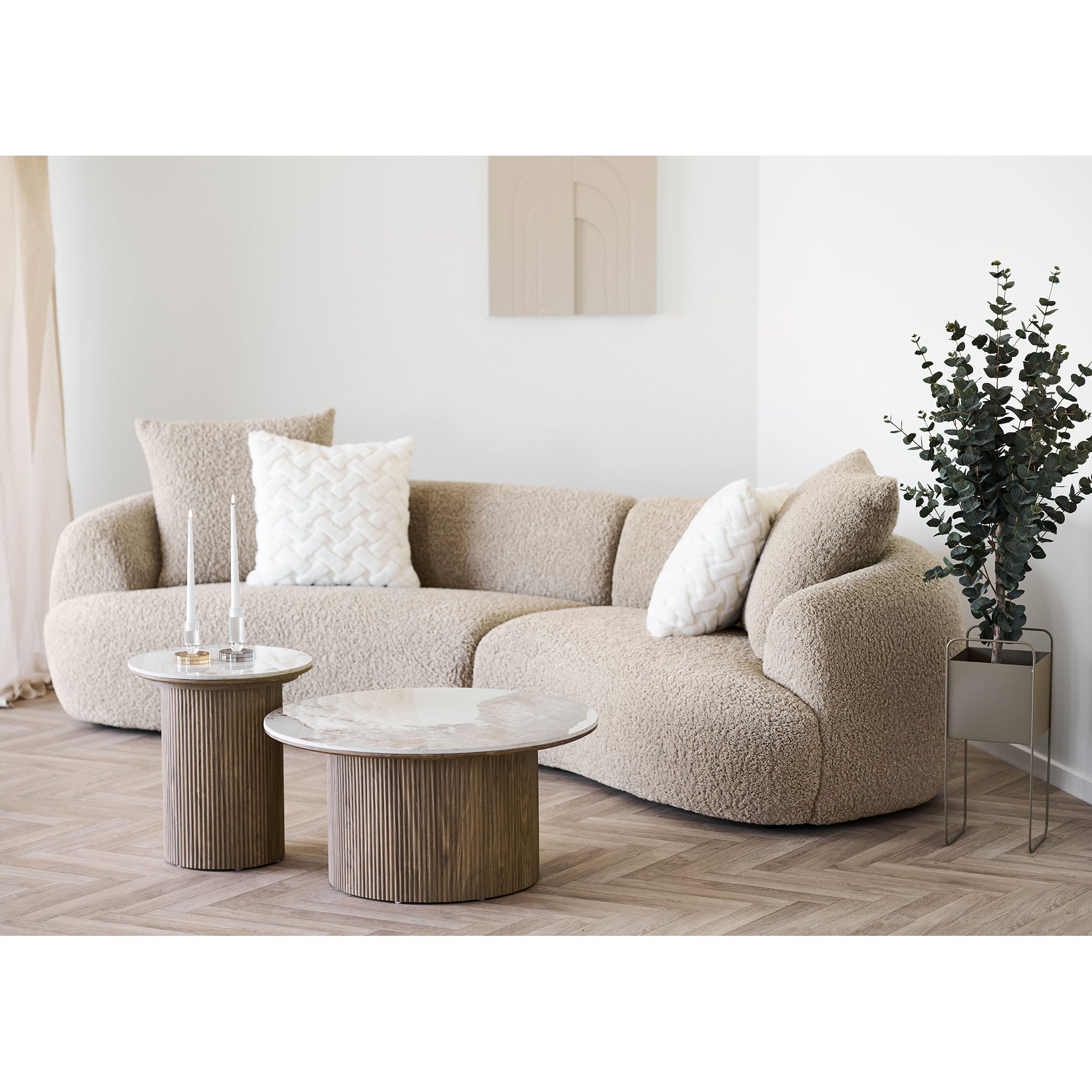 Table d’appoint ronde céramique blanche et bois naturel – Ø45 cm