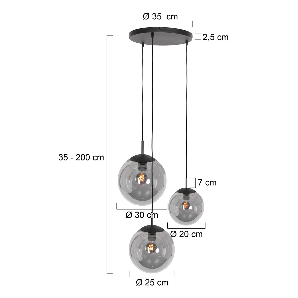 Suspension en verre fumé noir sphérique à 3 globes – Ø35 cm