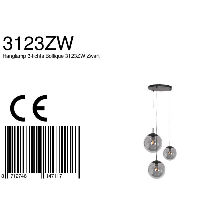 Suspension en verre fumé noir sphérique à 3 globes – Ø35 cm