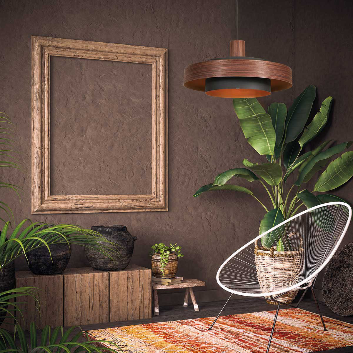 Suspension en bois chêne et intérieur doré double abat-jour – Ø50 cm