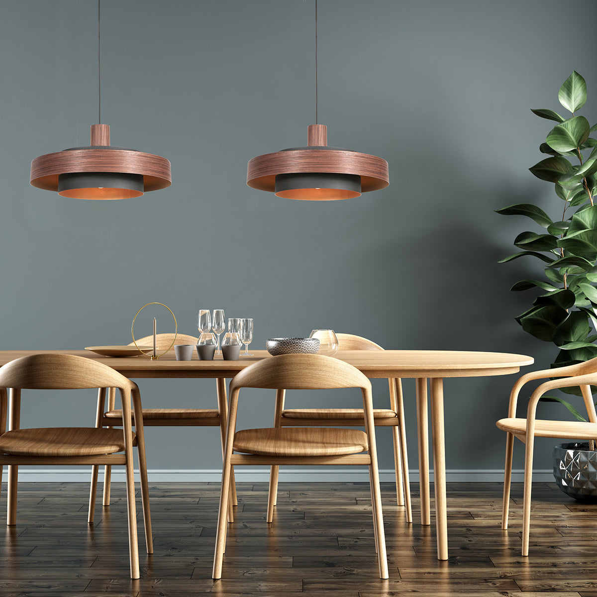 Suspension en bois chêne et intérieur doré double abat-jour – Ø50 cm