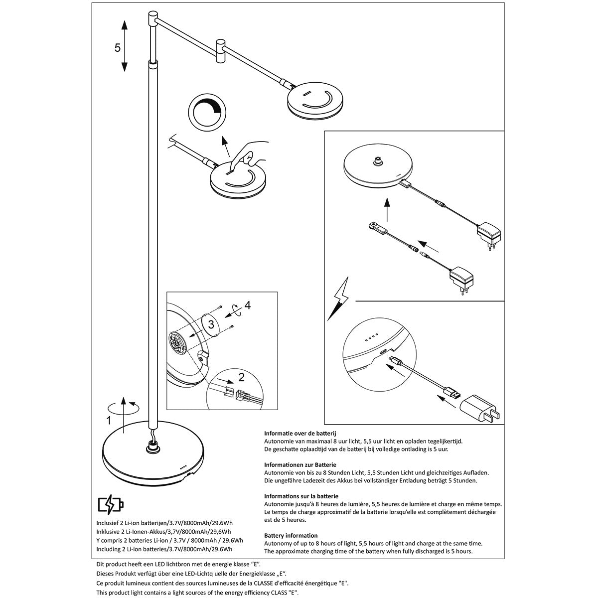 Lampadaire en métal argenté avec bras articulé et batterie rechargeable