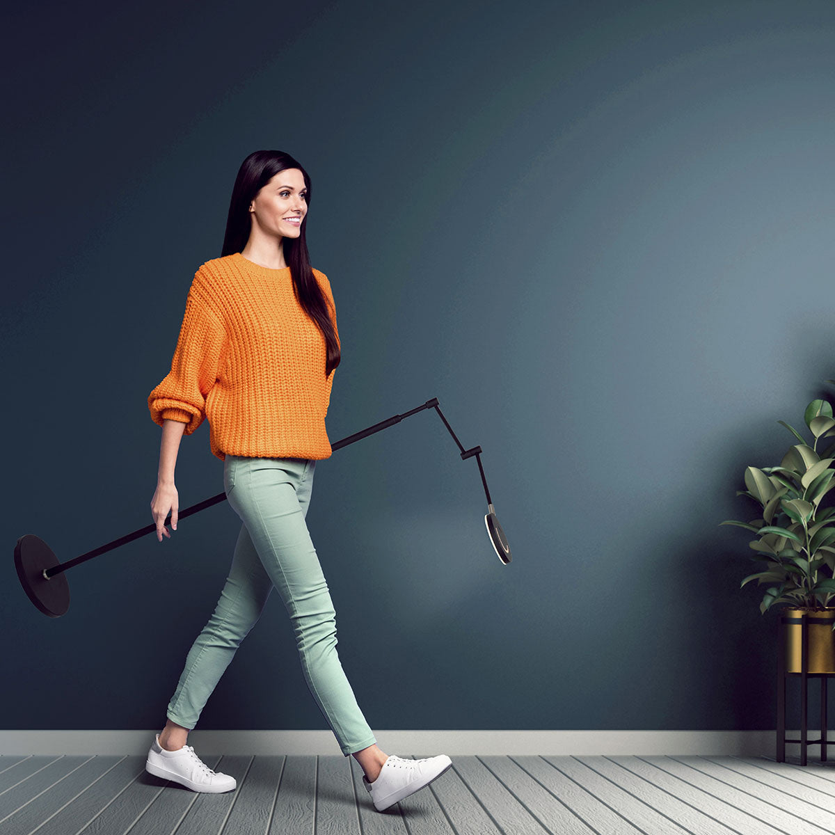 Lampadaire métal noir à bras articulé rechargeable et dimmable – H140 cm