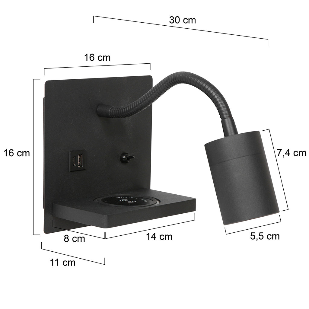 Applique murale noire en métal avec chargeur sans fil et ports USB