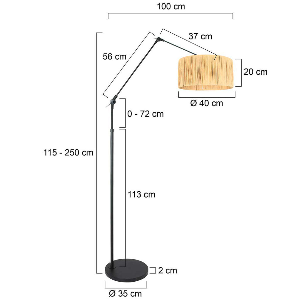 Lampadaire rotin naturel à structure articulée noire – Ø40 cm