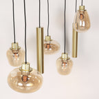 Suspension multiple en verre ambré et laiton doré pour éclairage chaleureux – 140x44 cm