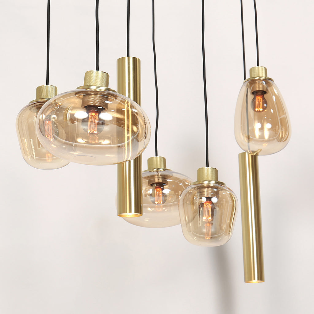 Suspension multiple en verre ambré et laiton doré pour éclairage chaleureux – 140x44 cm