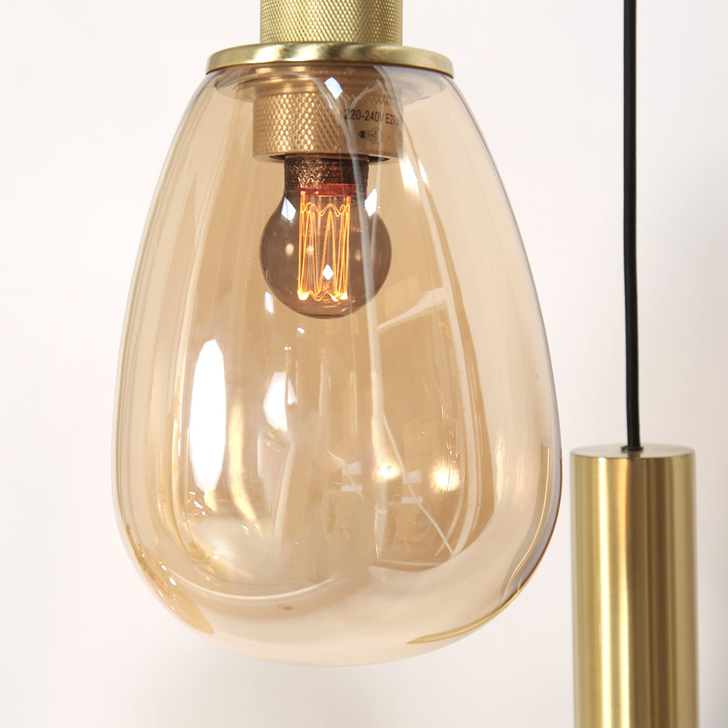 Suspension multiple en verre ambré et laiton doré pour éclairage chaleureux – 140x44 cm