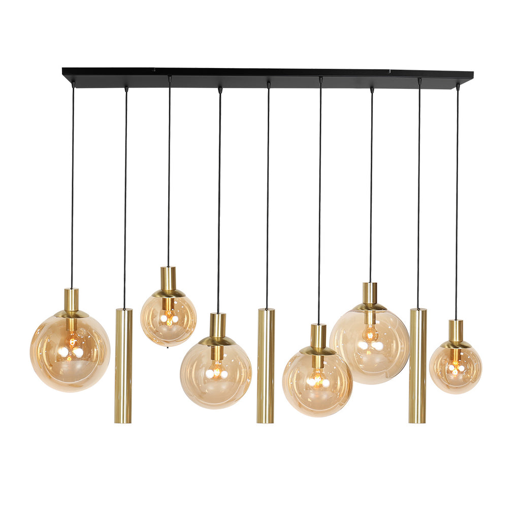 Suspension multiple en verre ambré et laiton à 9 ampoules – 150x55 cm