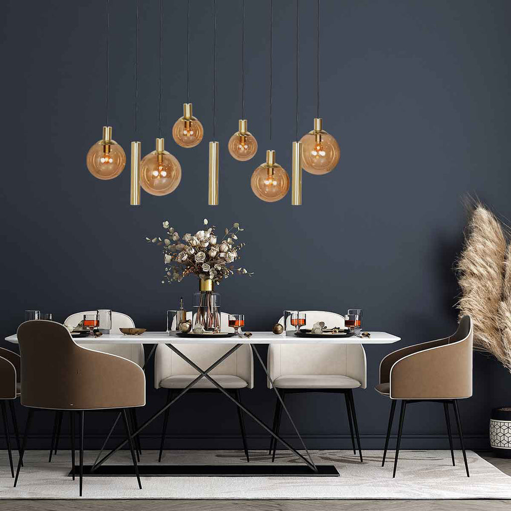 Suspension multiple en verre ambré et laiton à 9 ampoules – 150x55 cm