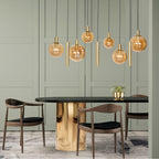 Suspension multiple en verre ambré et laiton à 9 ampoules – 150x55 cm