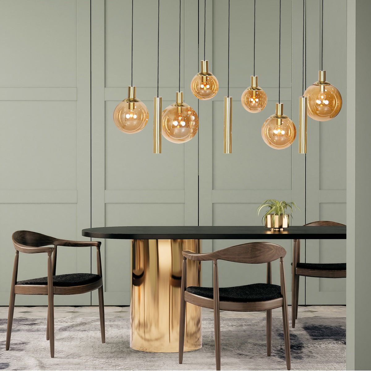 Suspension multiple en verre ambré et laiton à 9 ampoules – 150x55 cm