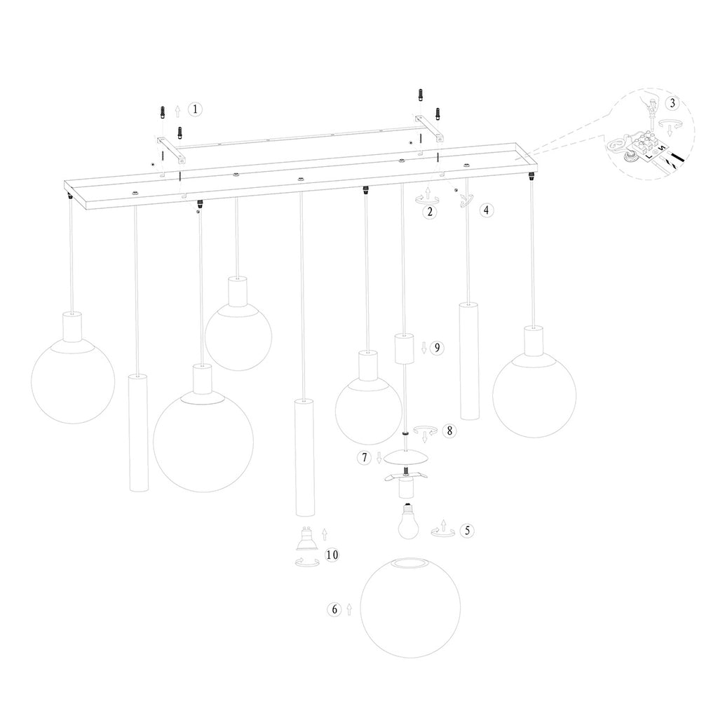 Suspension multiple en verre ambré et laiton à 9 ampoules – 150x55 cm