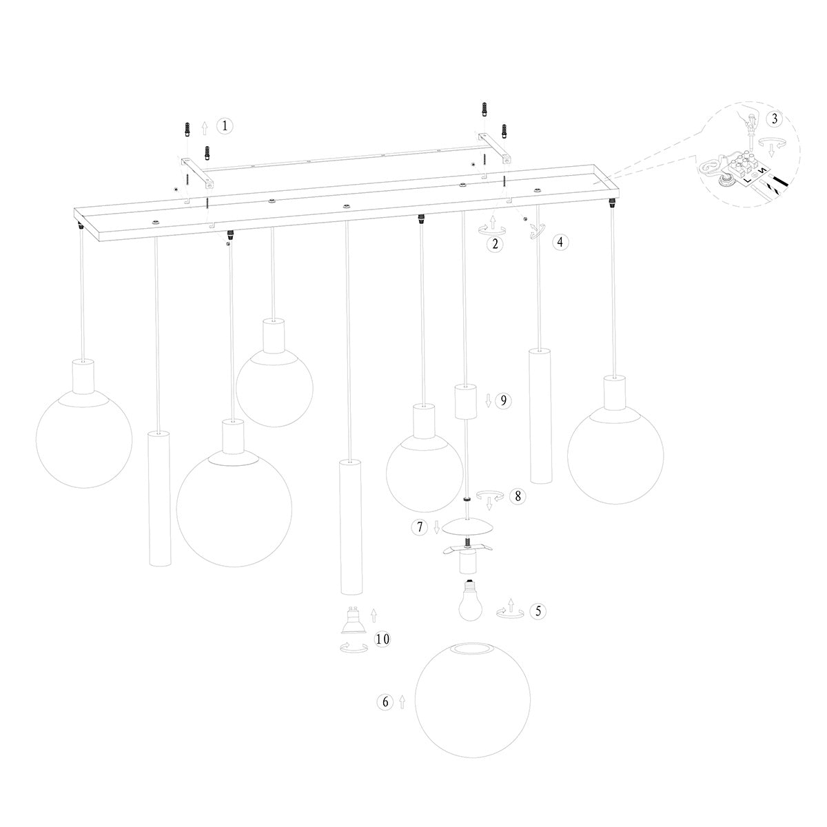 Suspension multiple en verre ambré et laiton à 9 ampoules – 150x55 cm