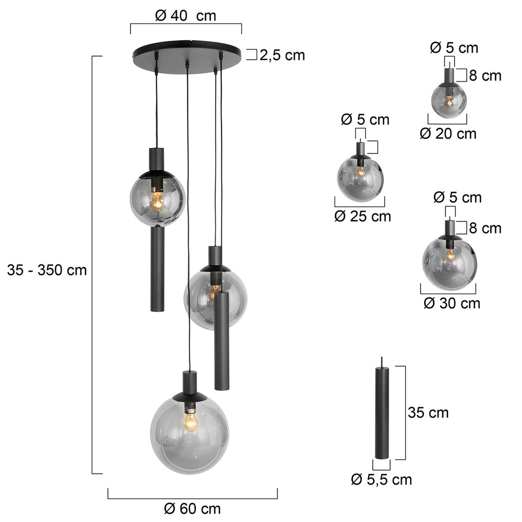 Suspension multiple noire en verre fumé à sphères ajourées – Ø60 cm