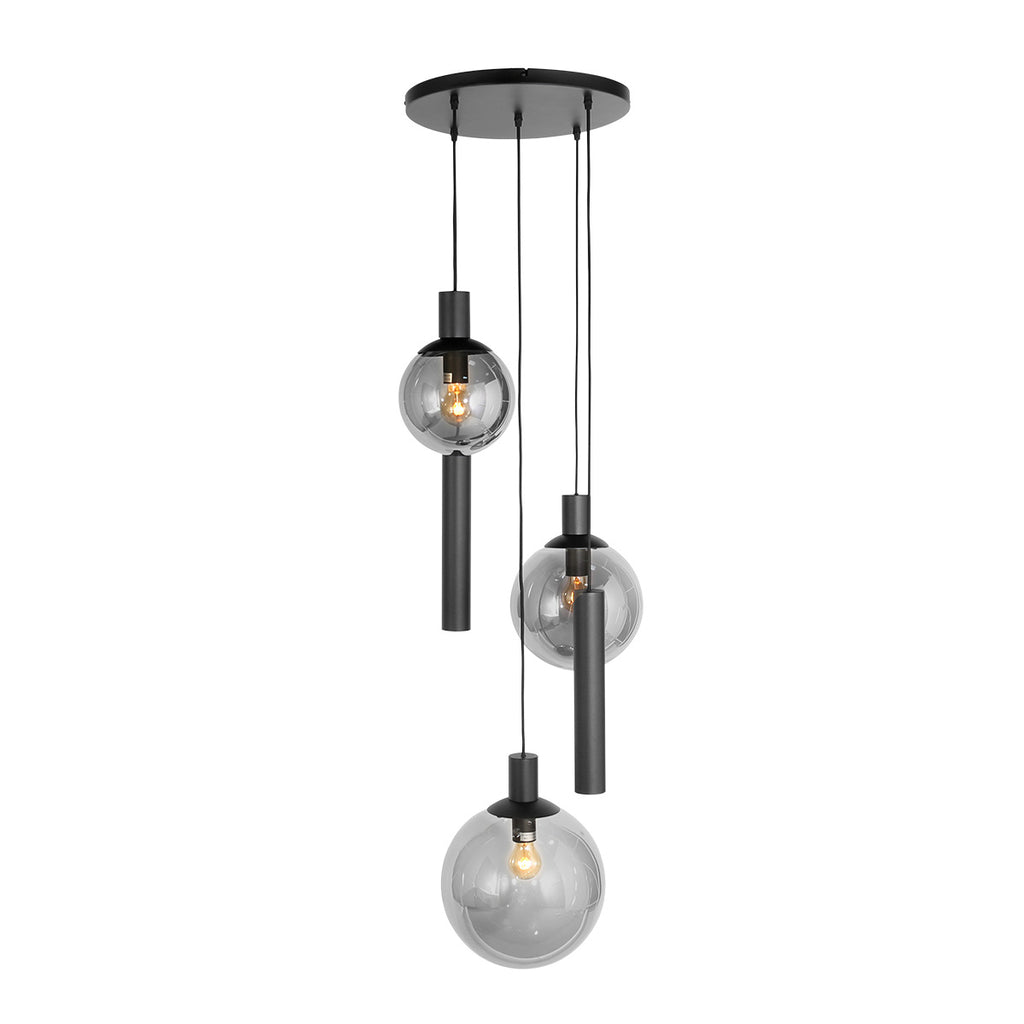 Suspension multiple noire en verre fumé à sphères ajourées – Ø60 cm