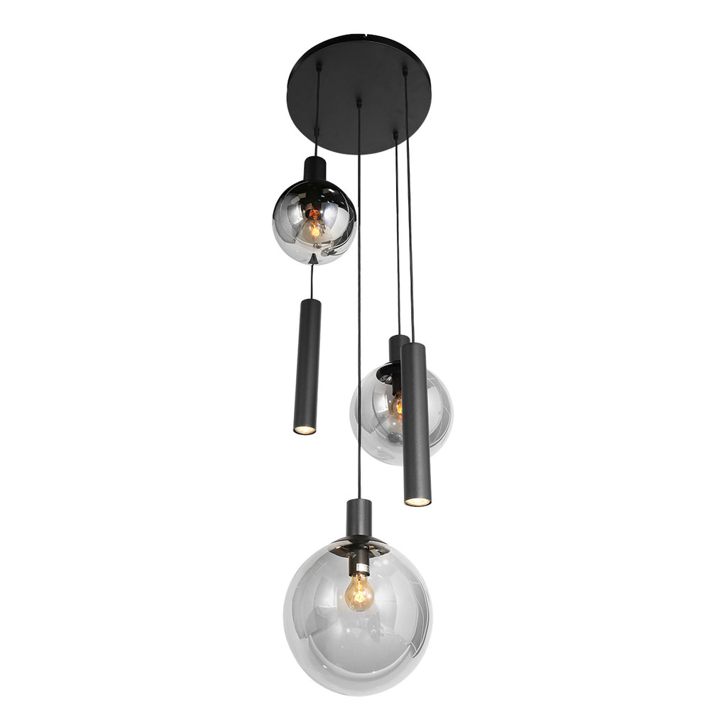 Suspension multiple noire en verre fumé à sphères ajourées – Ø60 cm