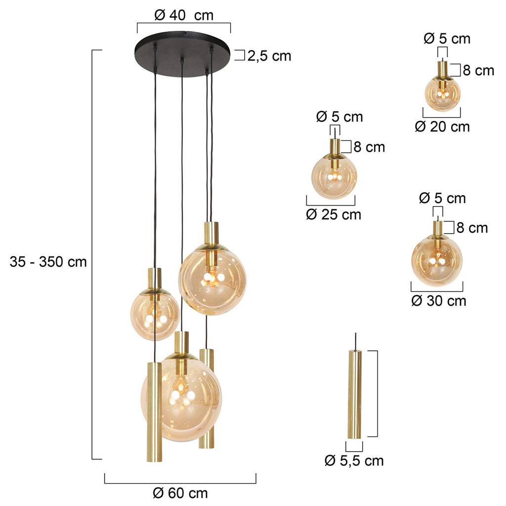 Suspension en verre ambré et laiton à globes multiples ajustables – Ø60 cm