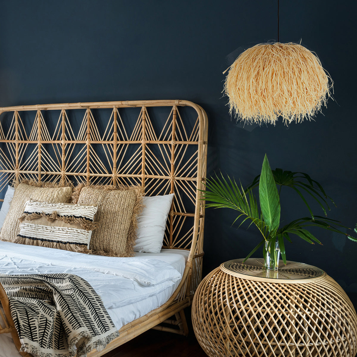 Suspension en fibres naturelles beige finition frangée – Ø53 cm