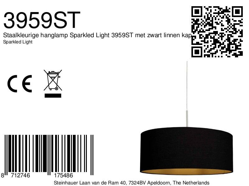 Suspension tambour tissu noir intérieur doré en métal brossé – Ø50 cm