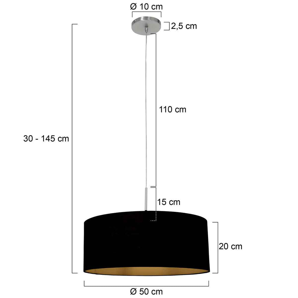 Suspension tambour tissu noir intérieur doré en métal brossé – Ø50 cm