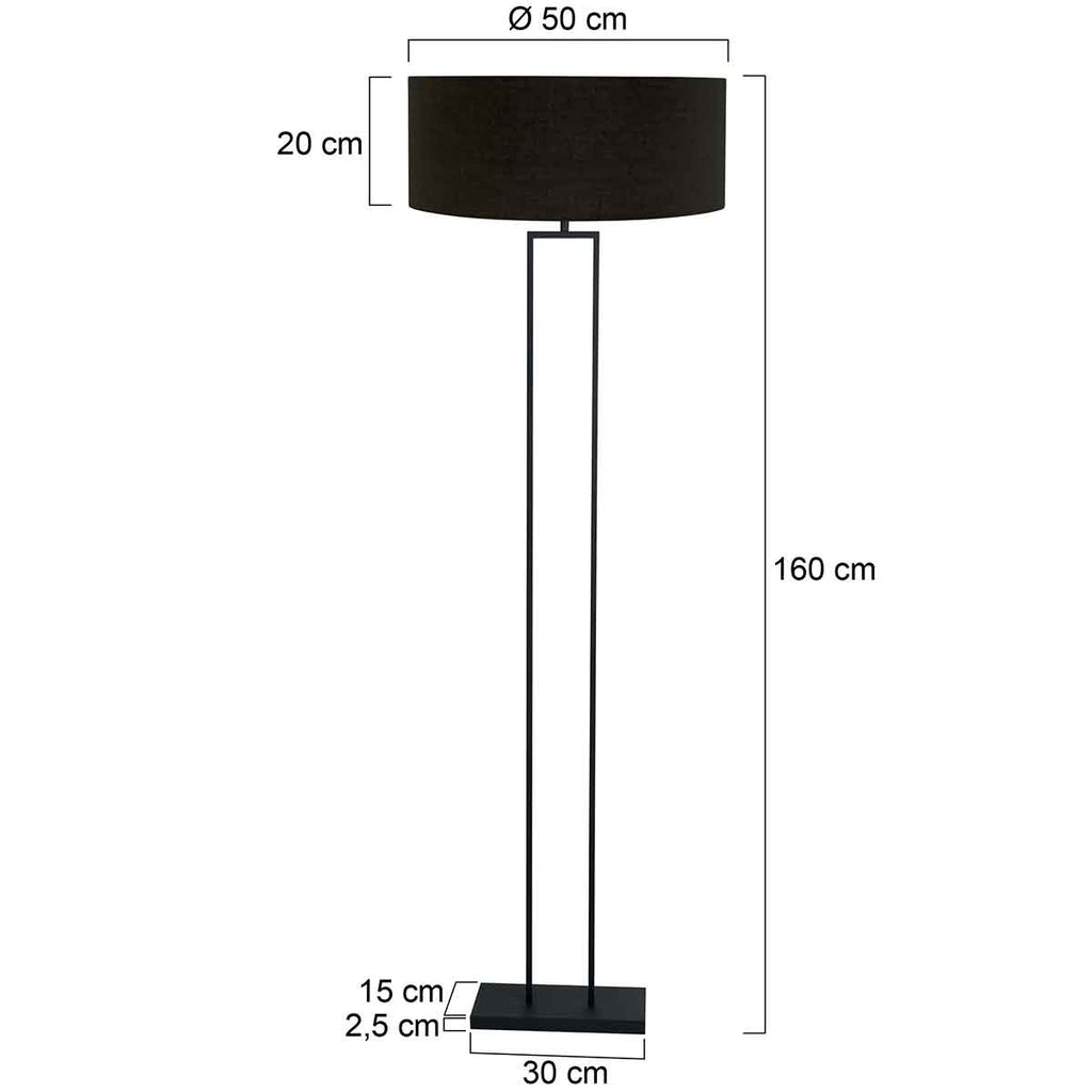 Lampadaire métal noir abat-jour tissu cylindrique noir doré – H160 cm