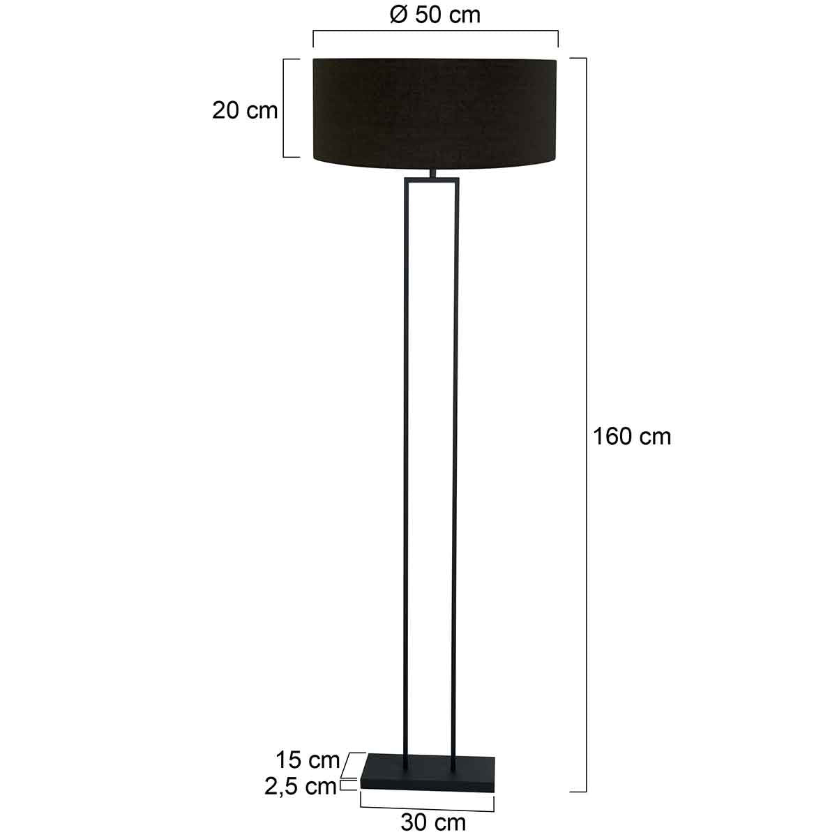 Lampadaire métal noir abat-jour tissu cylindrique noir doré – H160 cm