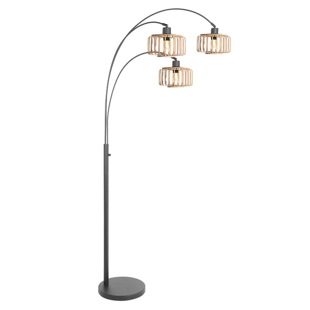 Lampadaire arqué en métal noir abat-jours bois clair – H200 cm