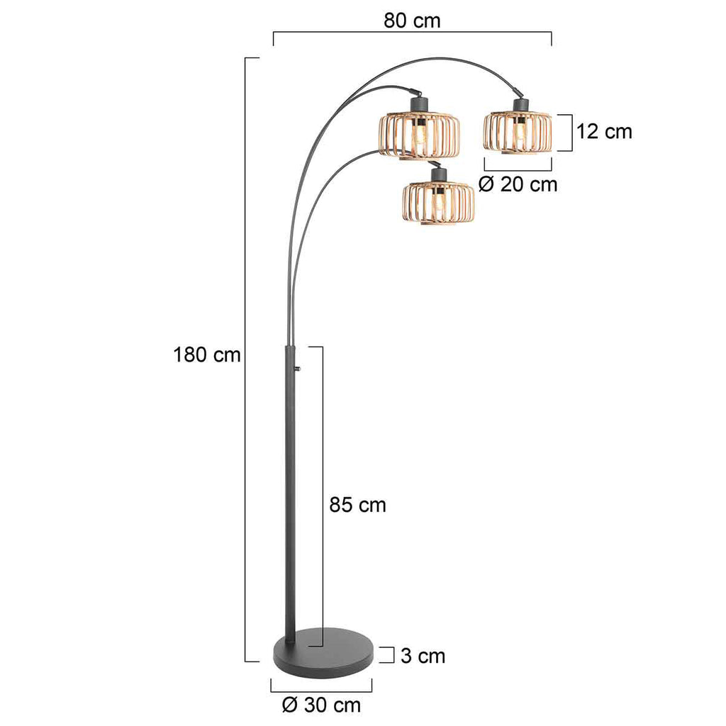 Lampadaire arqué en métal noir abat-jours bois clair – H200 cm