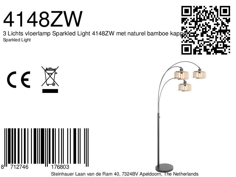 Lampadaire arqué en métal noir abat-jours bois clair – H200 cm