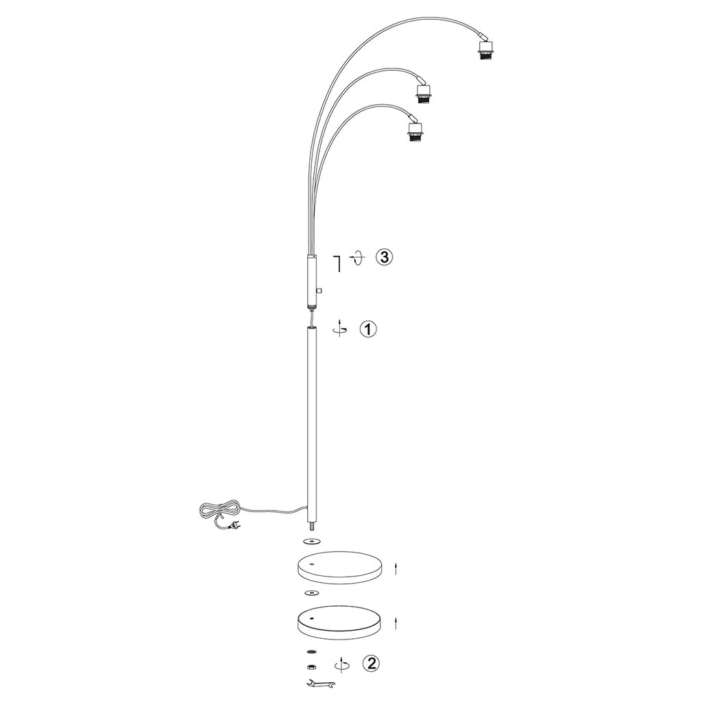Lampadaire arqué en métal noir abat-jours bois clair – H200 cm