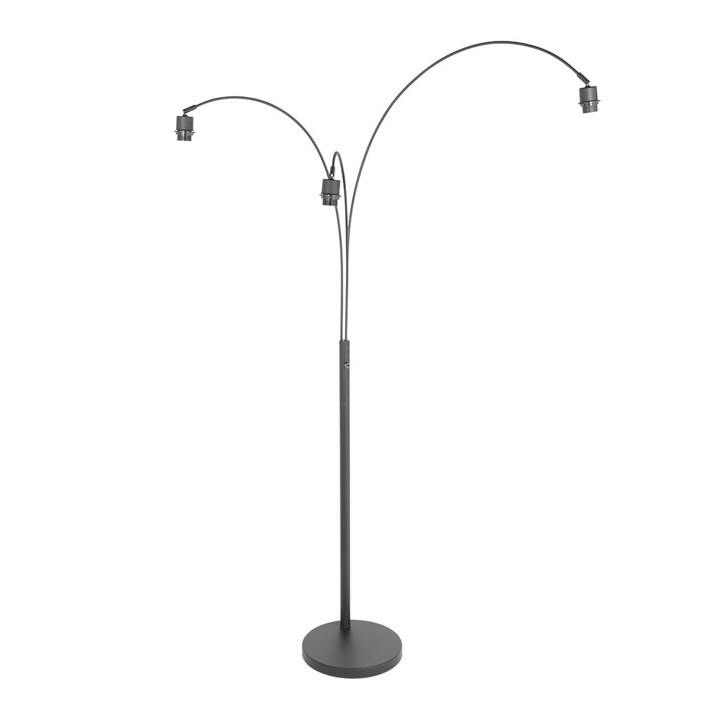 Lampadaire arqué en métal noir abat-jours bois clair – H200 cm