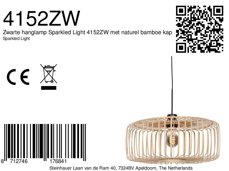 Suspension en rotin naturel ajouré et métal noir – Ø40 cm
