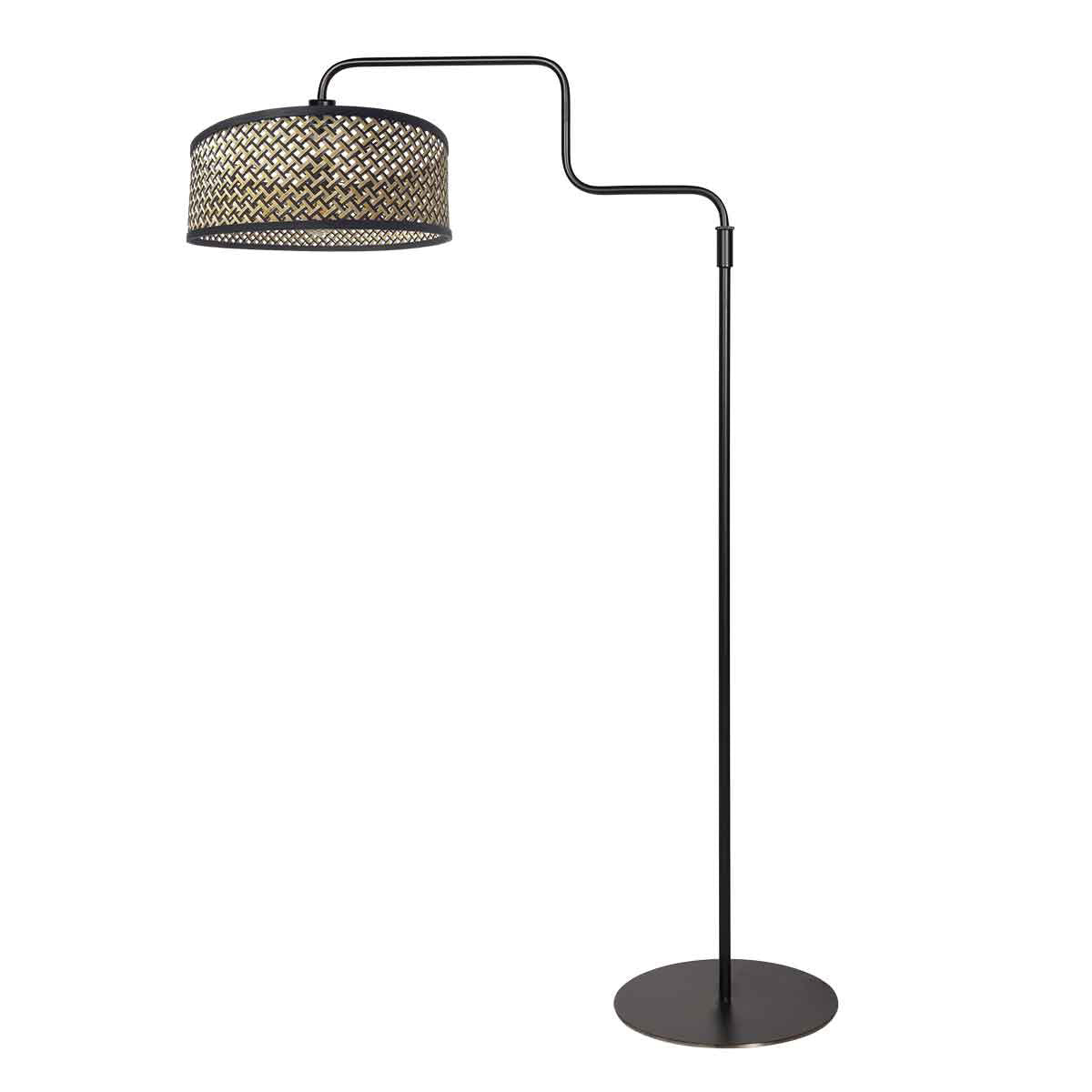 Lampadaire en métal noir avec bras courbé et abat-jour cylindrique – H165 cm