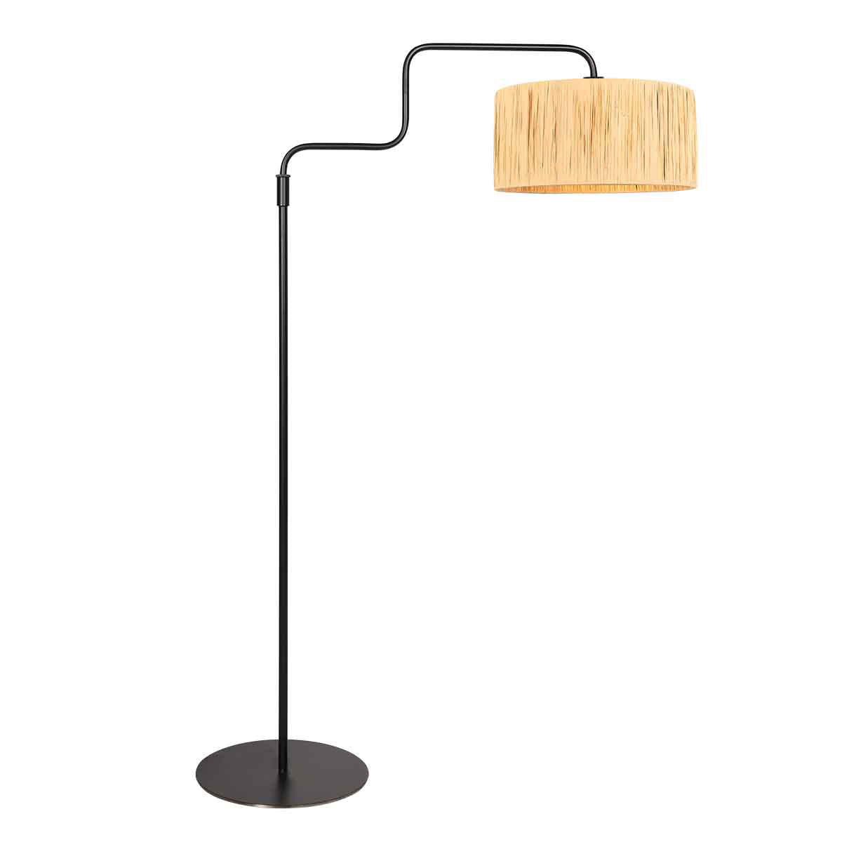Lampadaire noir avec abat-jour tressé naturel et bras orientable – H165 cm
