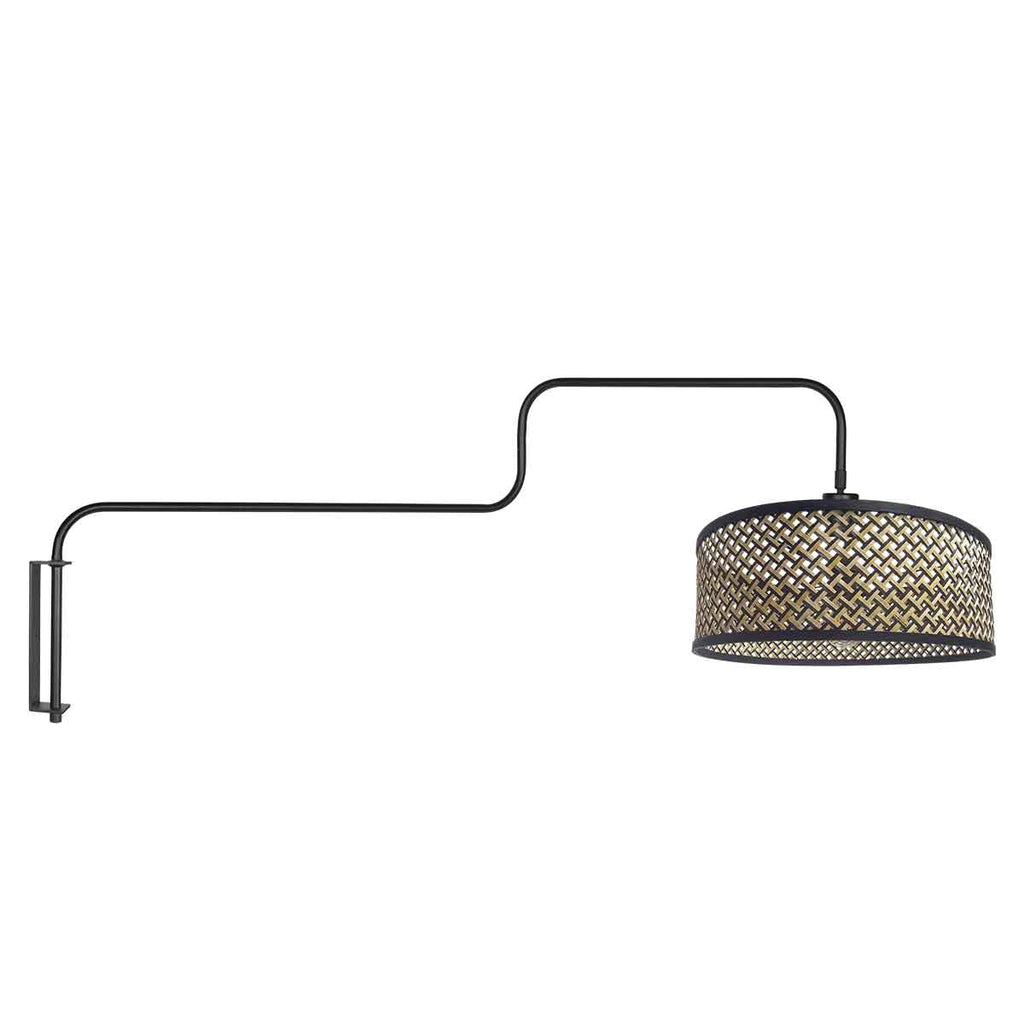 Applique murale en métal noir abat-jour bambou tressé avec bras articulé