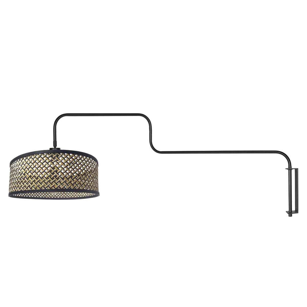 Applique murale en métal noir abat-jour bambou tressé avec bras articulé