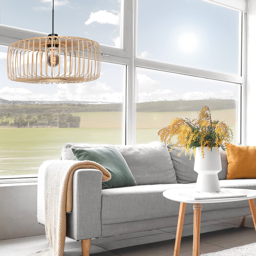 Suspension en bambou ajouré et métal noir pour salon – Ø60 cm