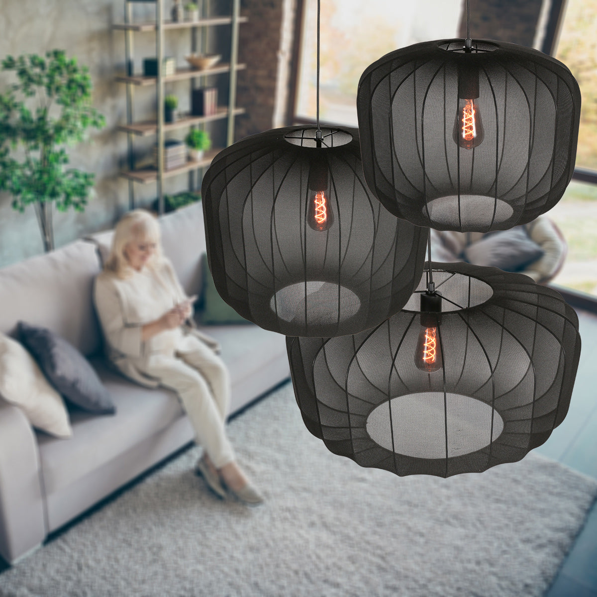 Suspension en lin noir rond avec fibres apparentes – Ø45 cm