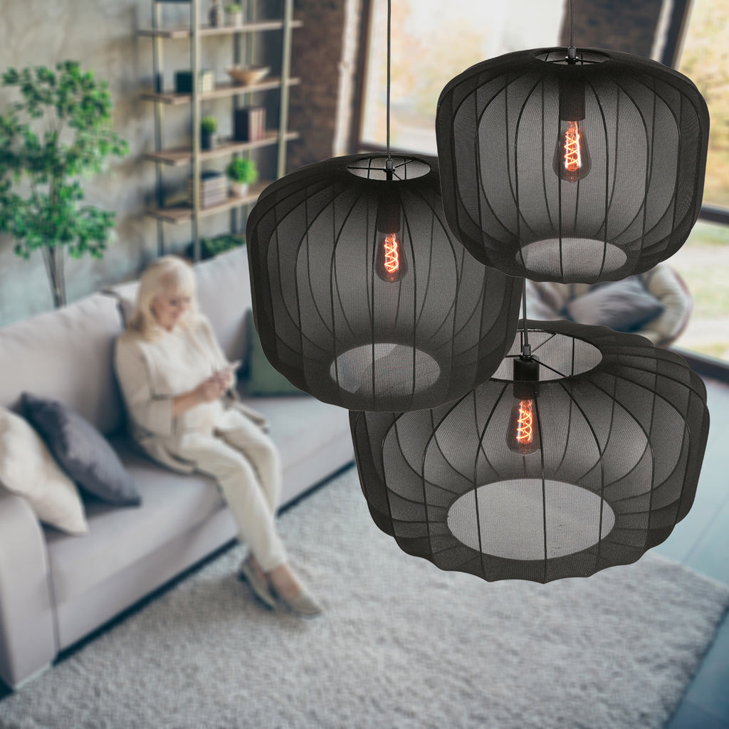 Suspension en lin noir avec ampoule visible – Ø55 cm