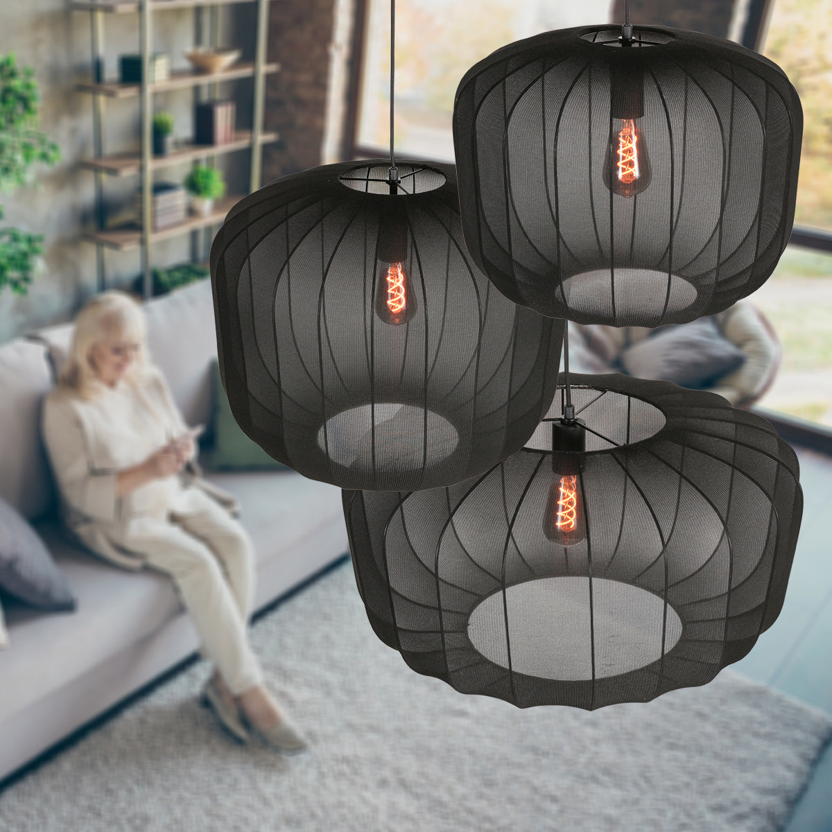 Suspension ovale en maille noire ampoule vintage visible – Ø60 cm