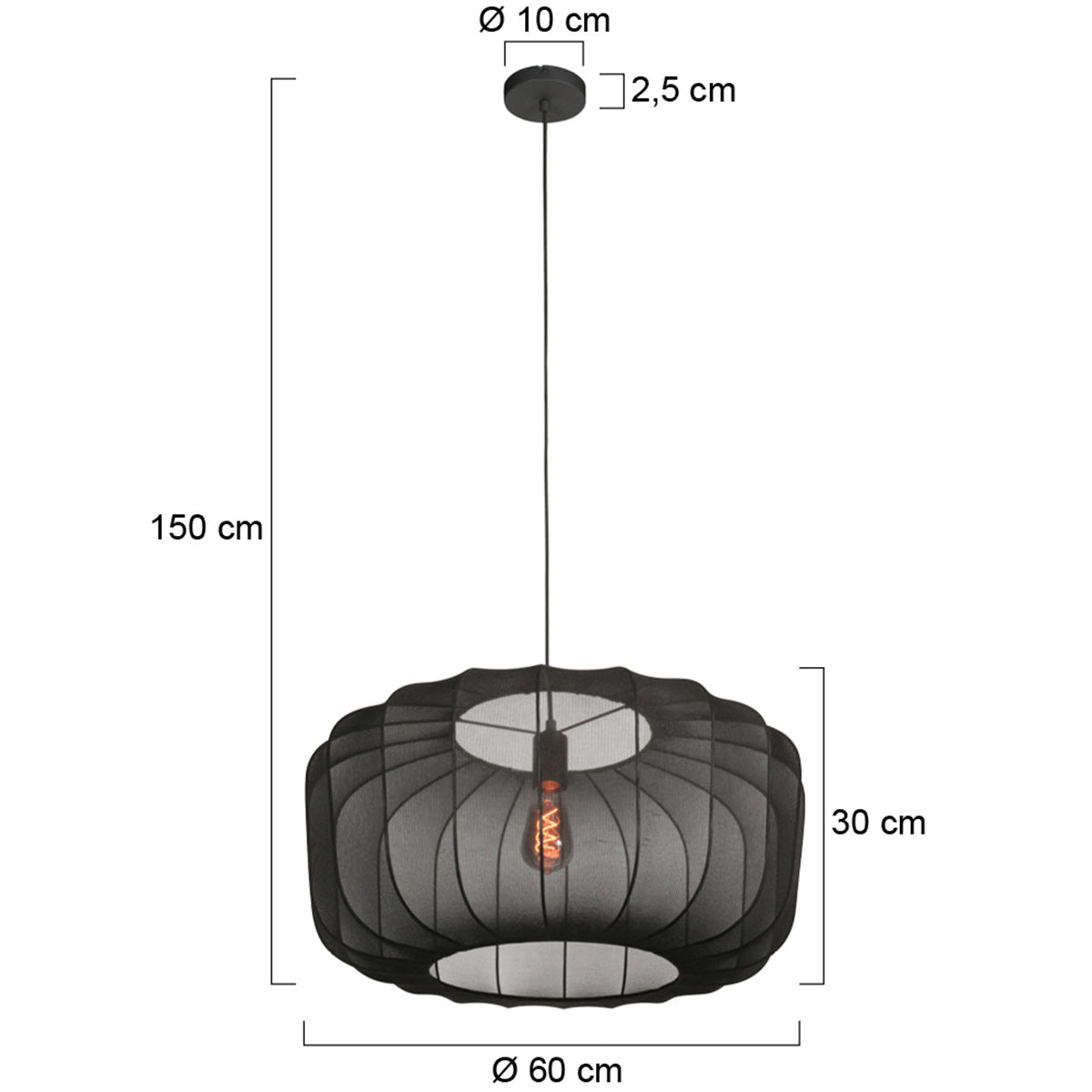 Suspension ovale en maille noire ampoule vintage visible – Ø60 cm