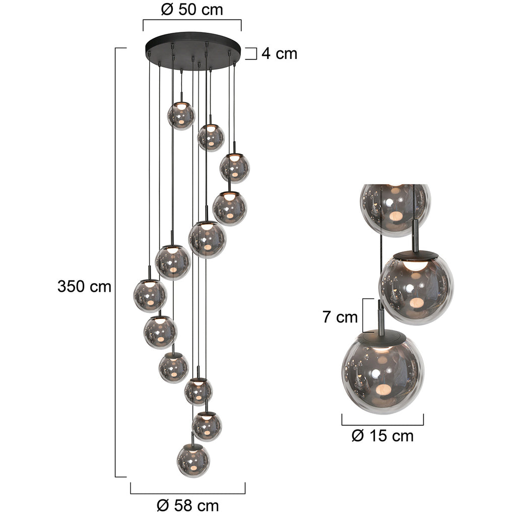 Suspension en verre fumé noir à 12 globes sphériques – Ø60 cm