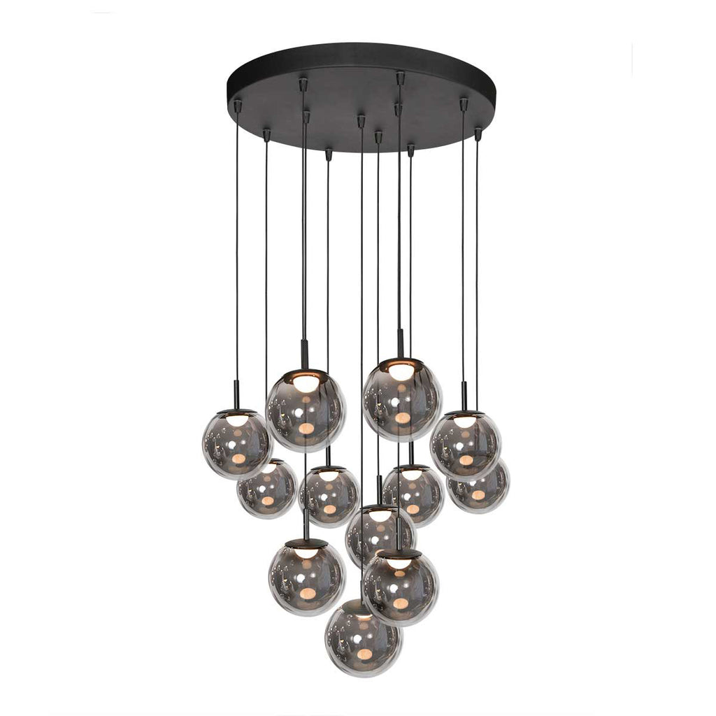 Suspension en verre fumé noir à 12 globes sphériques – Ø60 cm