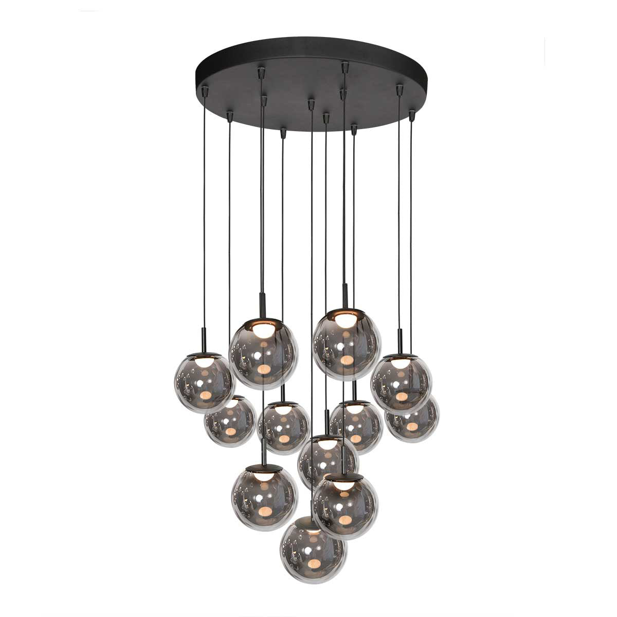 Suspension en verre fumé noir à 12 globes sphériques – Ø60 cm