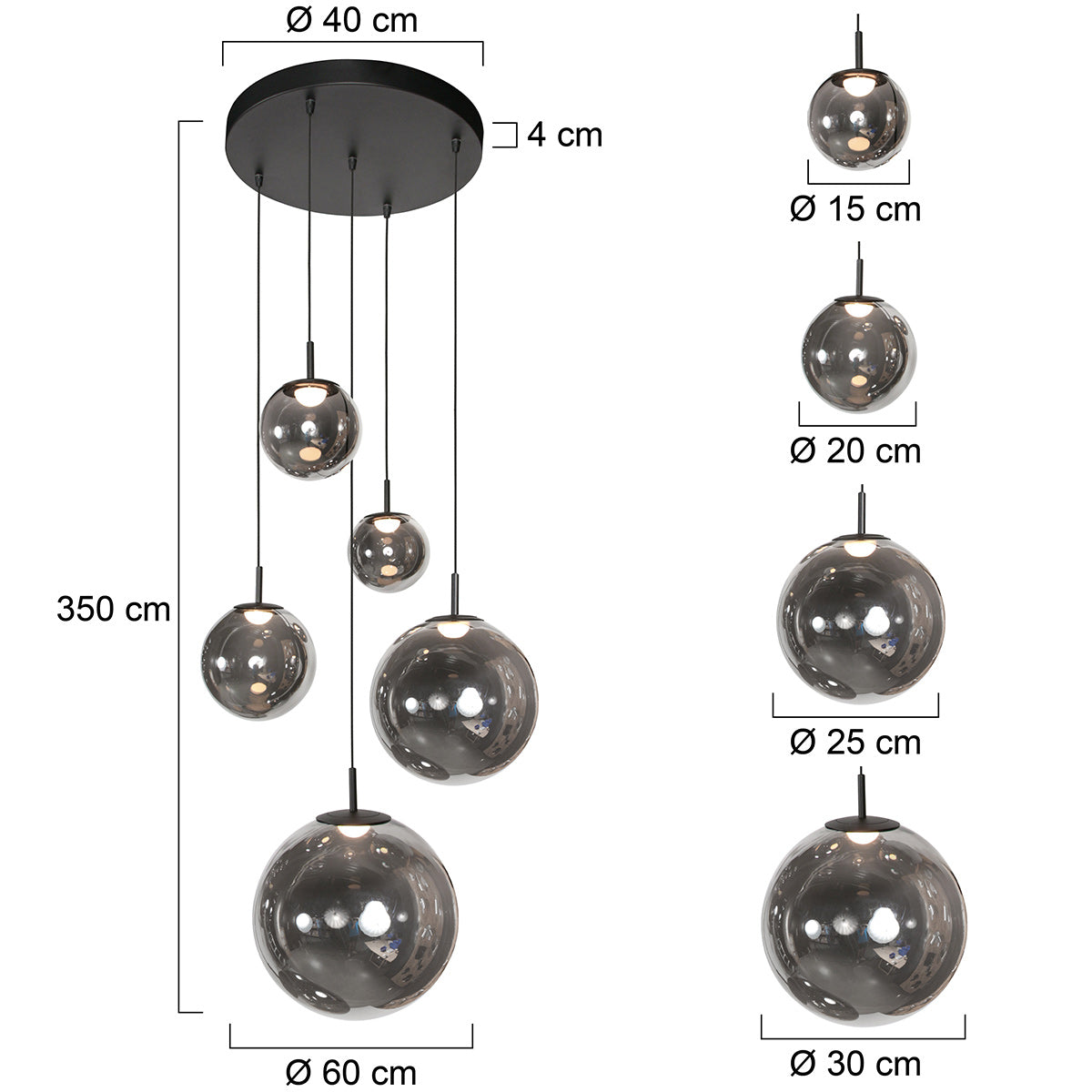 Suspension multiple en verre fumé sphères brillantes noire – Ø60 cm