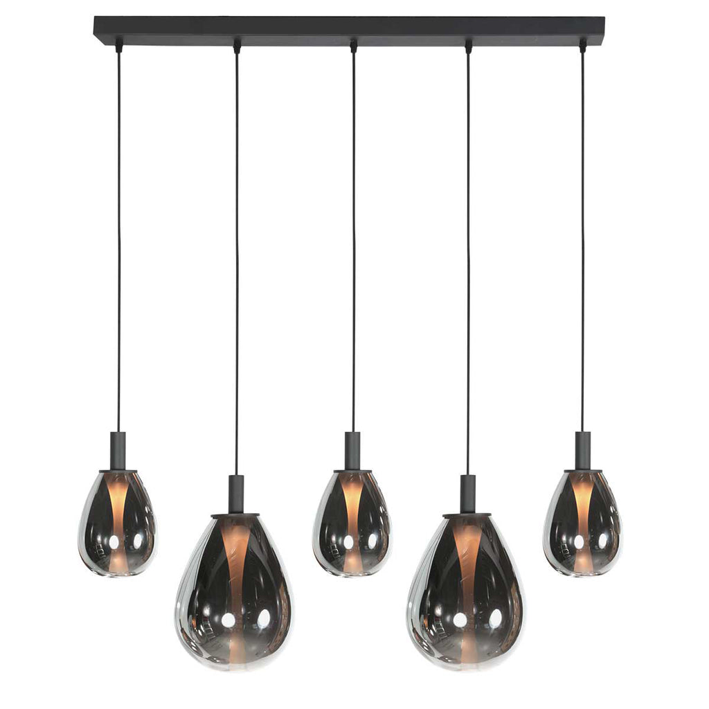 Suspension 5 lumières en verre fumé noir forme goutte d'eau – H170 cm