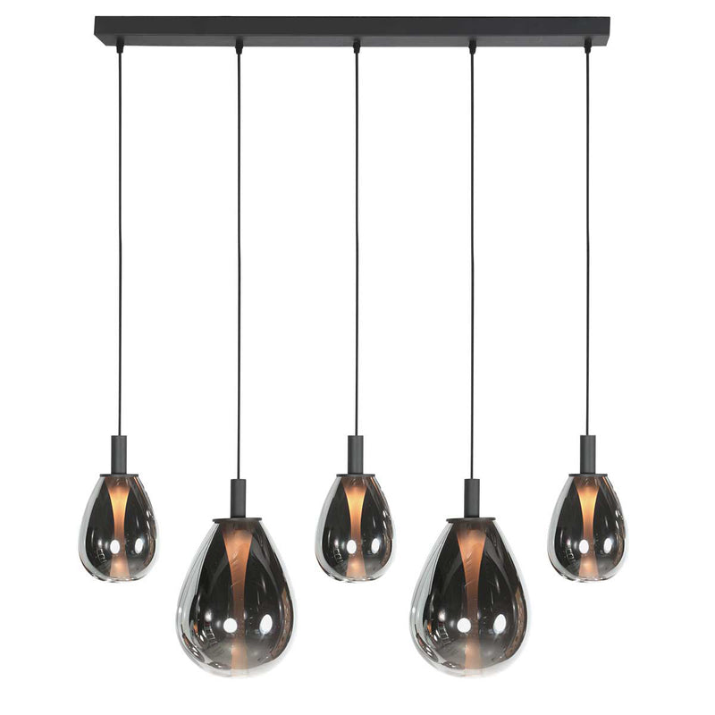 Suspension 5 lumières en verre fumé noir forme goutte d'eau – H170 cm