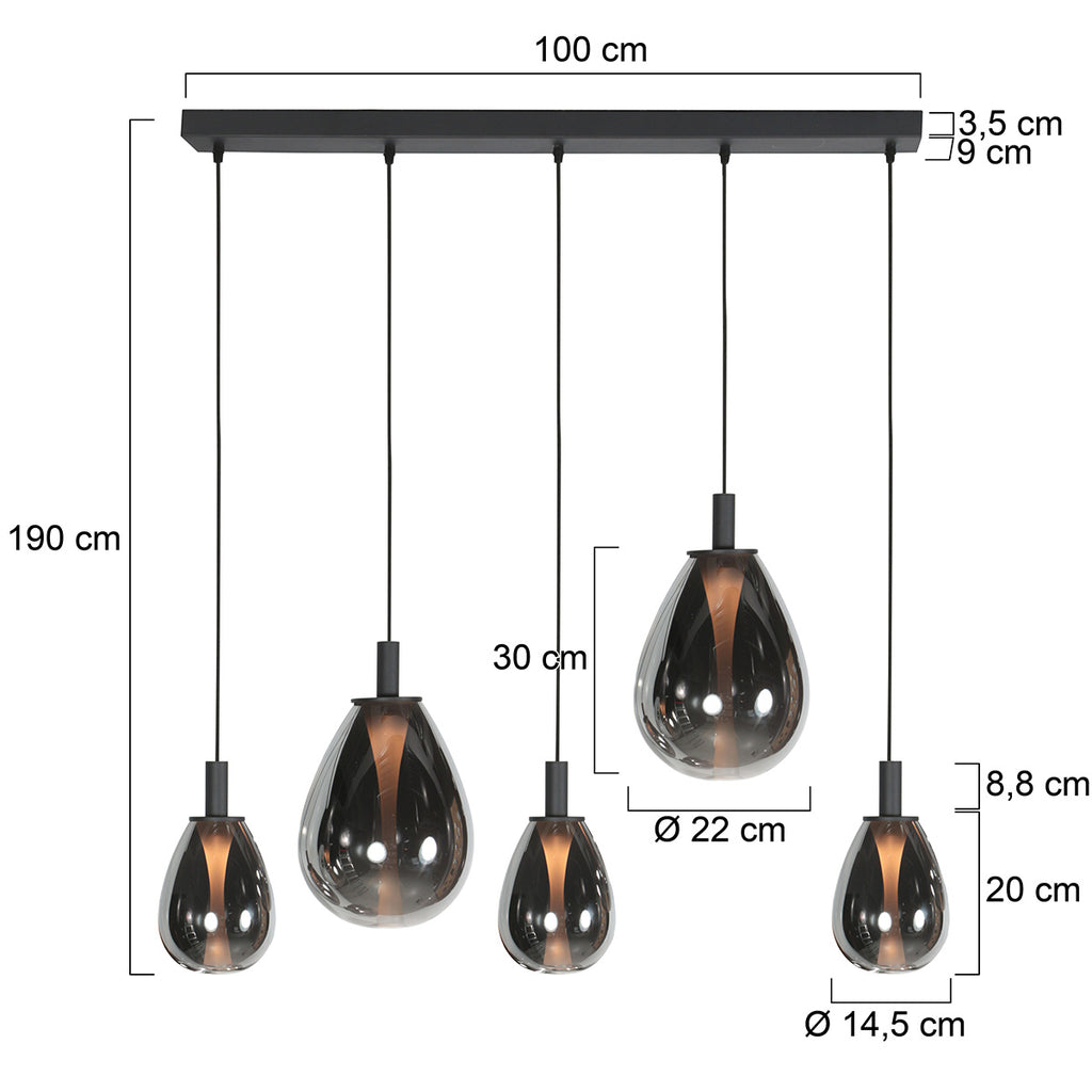 Suspension 5 lumières en verre fumé noir forme goutte d'eau – H170 cm